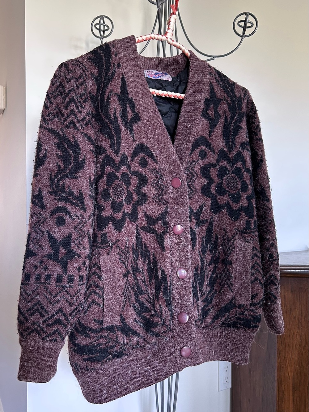 Vintage Knit Button-Front Sweater Cardigan - Mauve/Black